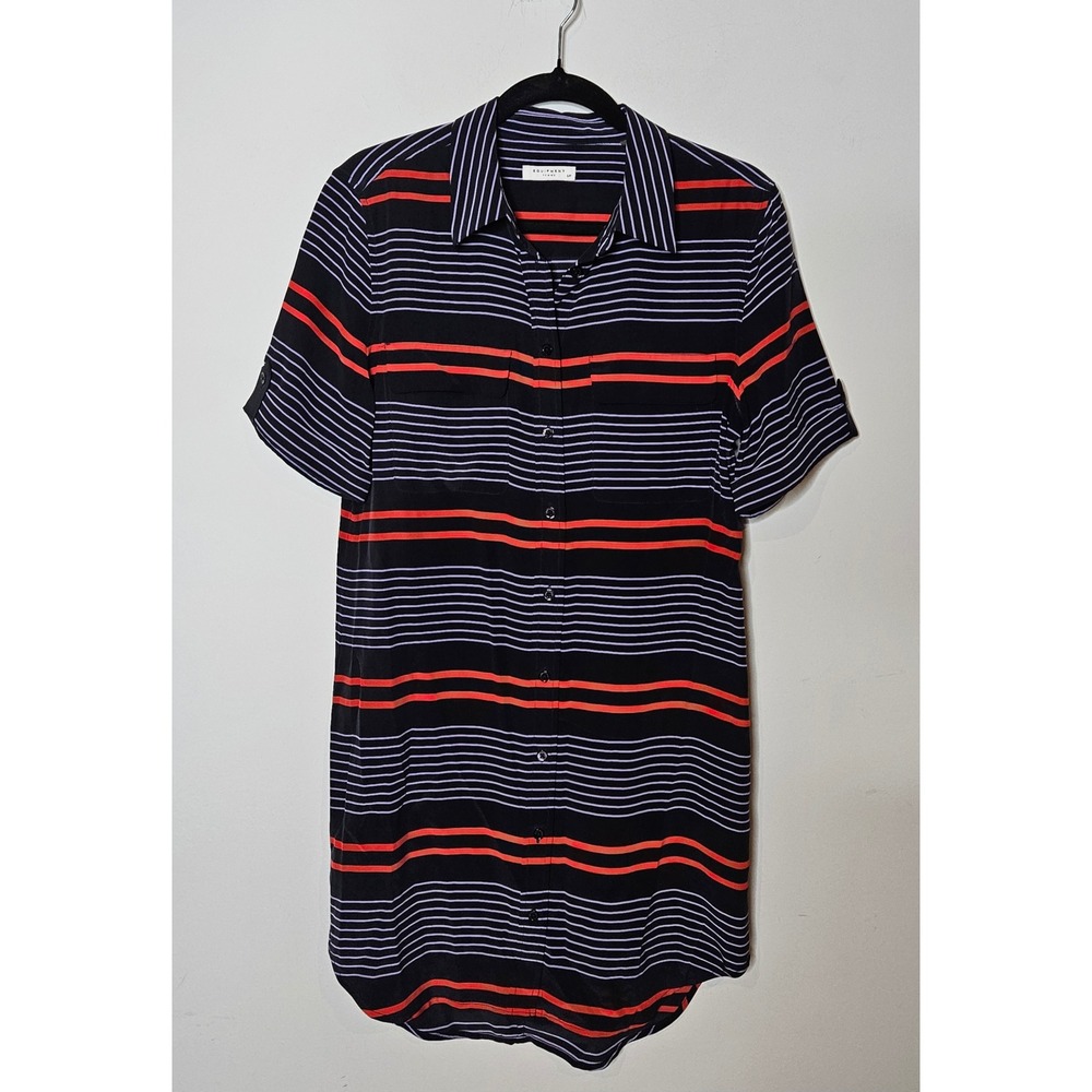 Equipment Femme 100% Silk S/P Button Stripe Shirt Shift Collar Dress Tab‎ Sleeve
